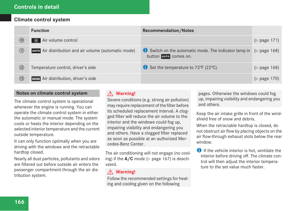 Notes on climate control system, Controls in detail | Mercedes-Benz SL-Class 2009 Owners Manual User Manual | Page 168 / 364
