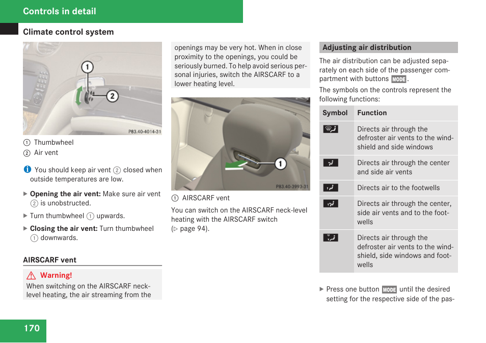 Adjusting air distribution, Controls in detail | Mercedes-Benz SL-Class 2009 Owners Manual User Manual | Page 172 / 364
