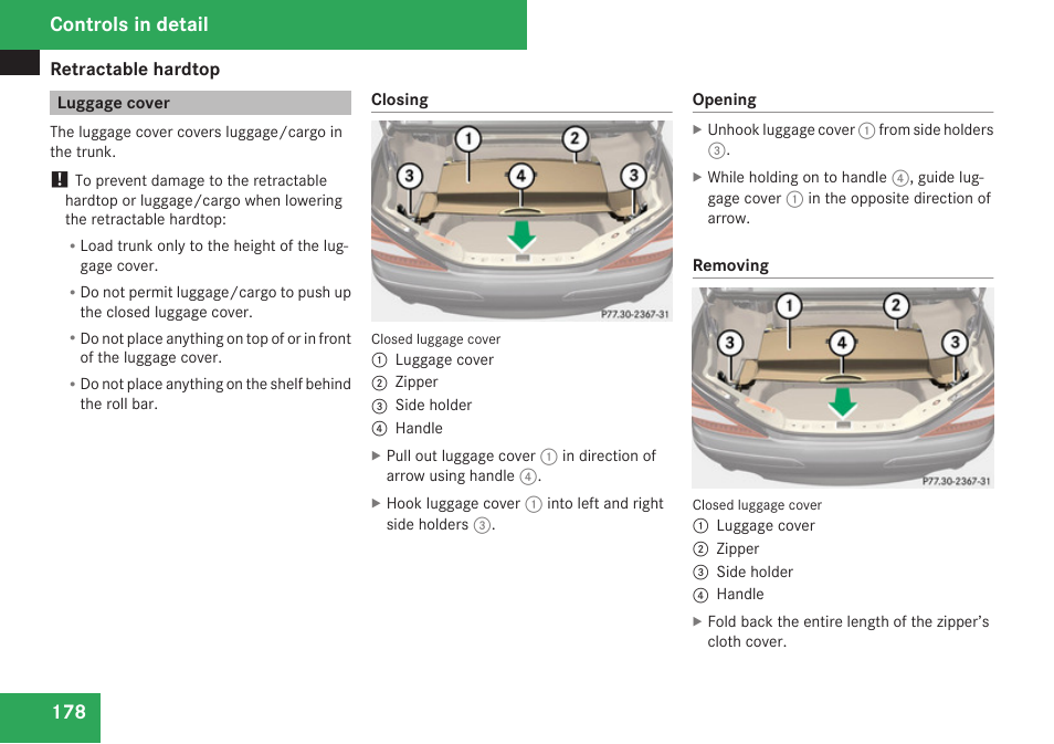 Luggage cover, Controls in detail | Mercedes-Benz SL-Class 2009 Owners Manual User Manual | Page 180 / 364