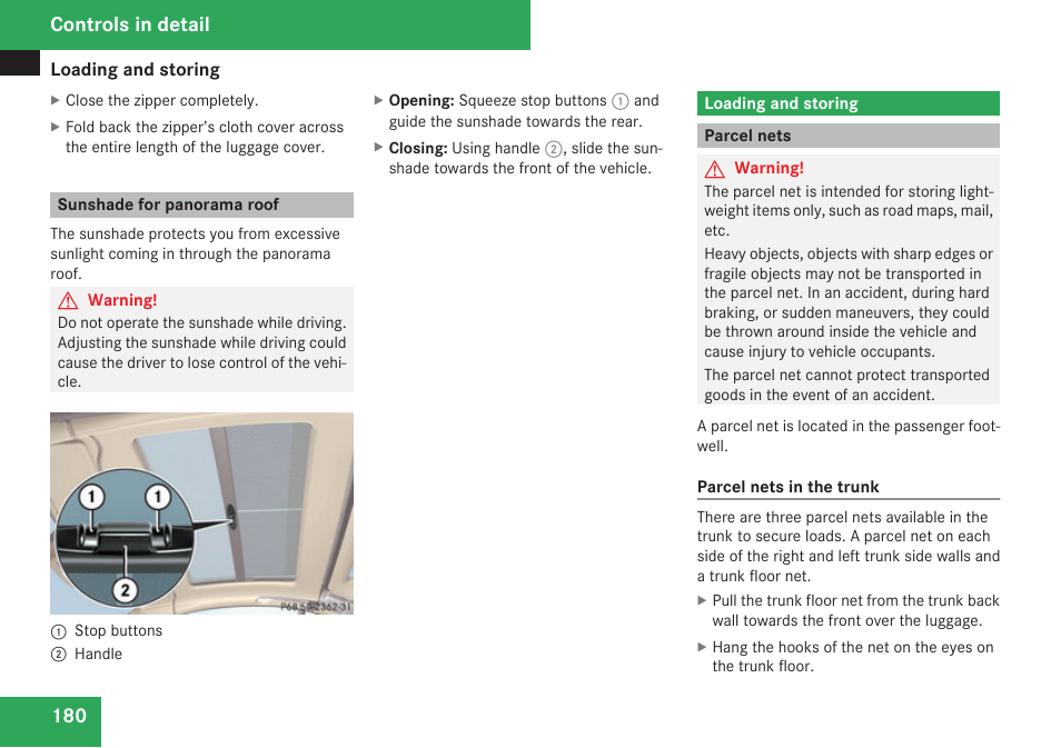 Sunshade for panorama roof, Loading and storing, Parcel nets | Controls in detail | Mercedes-Benz SL-Class 2009 Owners Manual User Manual | Page 182 / 364