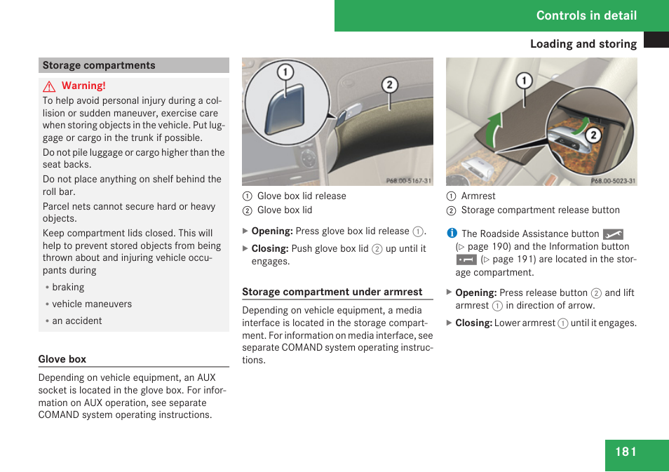 Storage compartments, Ments, Controls in detail | Mercedes-Benz SL-Class 2009 Owners Manual User Manual | Page 183 / 364