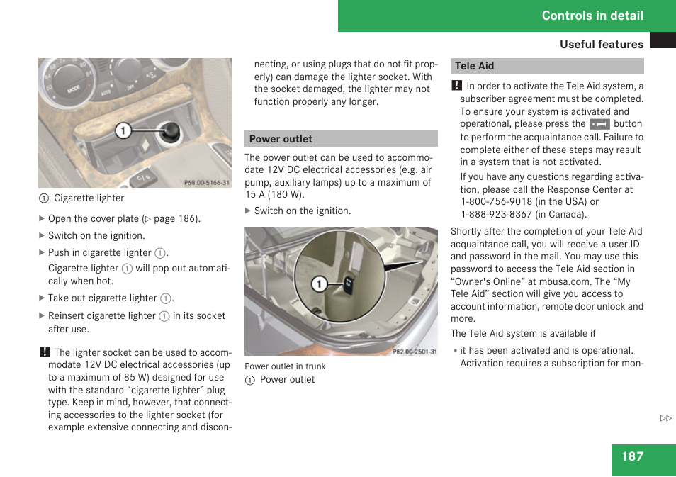 Power outlet, Tele aid, Controls in detail | Mercedes-Benz SL-Class 2009 Owners Manual User Manual | Page 189 / 364