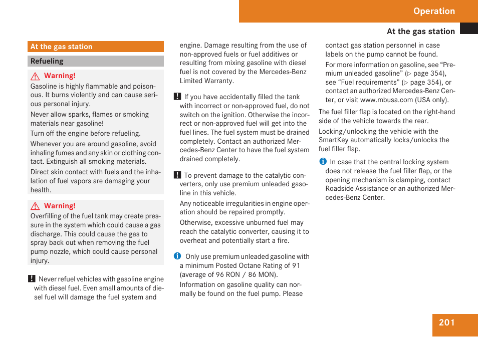 At the gas station, Refueling, Operation | Mercedes-Benz SL-Class 2009 Owners Manual User Manual | Page 203 / 364