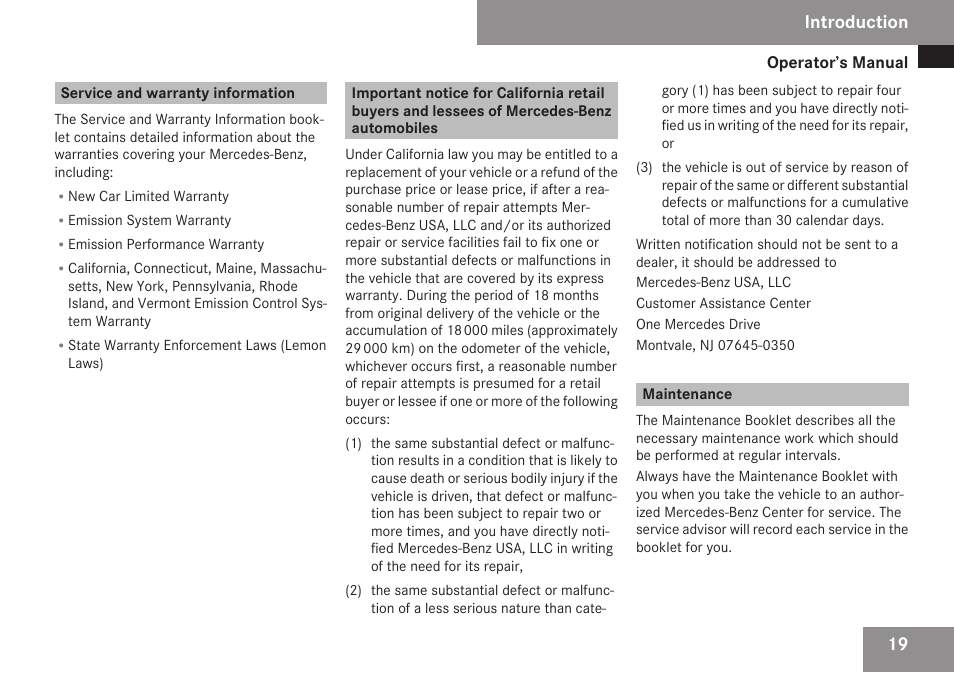 Service and warranty information, Maintenance, Introduction | Mercedes-Benz SL-Class 2009 Owners Manual User Manual | Page 21 / 364