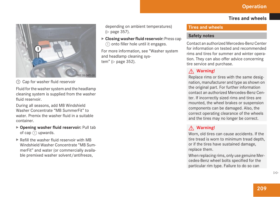 Tires and wheels, Safety notes, Operation | Mercedes-Benz SL-Class 2009 Owners Manual User Manual | Page 211 / 364