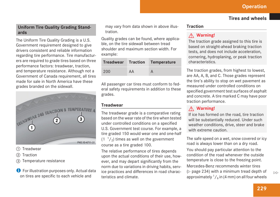 Uniform tire quality grading standards, Operation | Mercedes-Benz SL-Class 2009 Owners Manual User Manual | Page 231 / 364