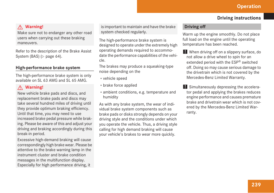 Driving off, Operation | Mercedes-Benz SL-Class 2009 Owners Manual User Manual | Page 241 / 364