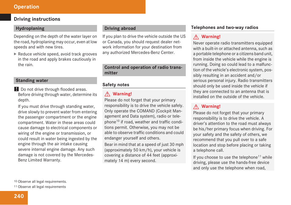 Hydroplaning, Standing water, Driving abroad | Control and operation of radio transmitter, Operation | Mercedes-Benz SL-Class 2009 Owners Manual User Manual | Page 242 / 364