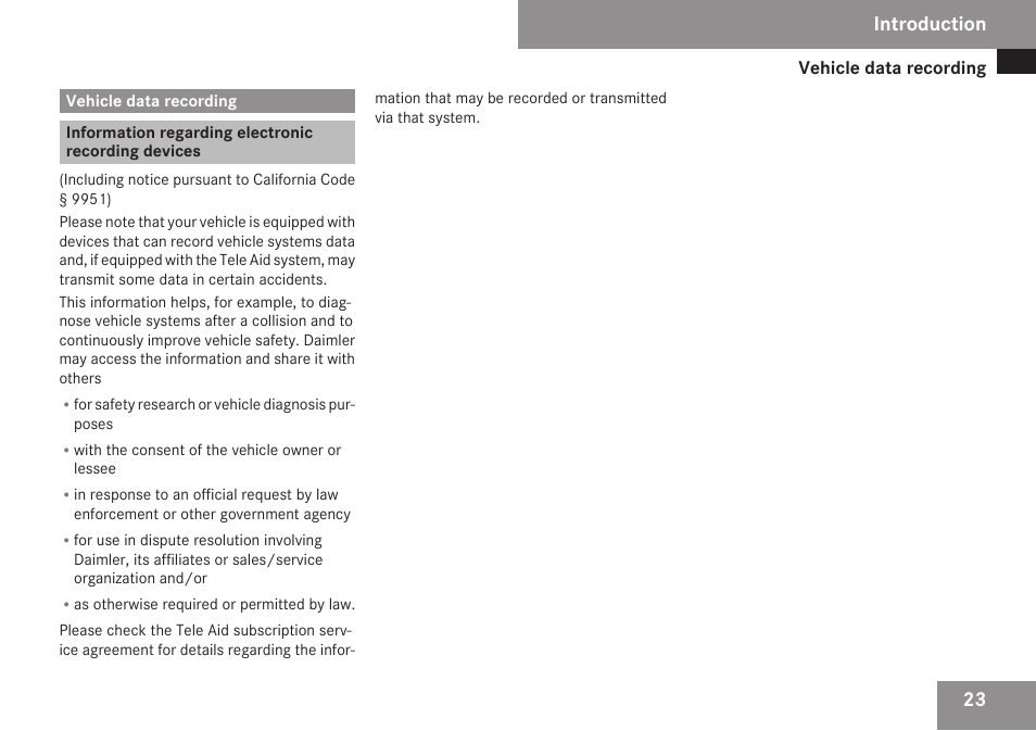 Vehicle data recording, Information regarding electronic recording devices, Introduction | Mercedes-Benz SL-Class 2009 Owners Manual User Manual | Page 25 / 364
