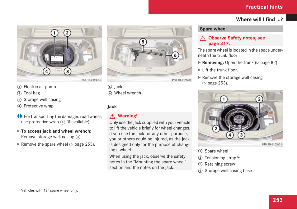 Spare wheel, Practical hints | Mercedes-Benz SL-Class 2009 Owners Manual User Manual | Page 255 / 364
