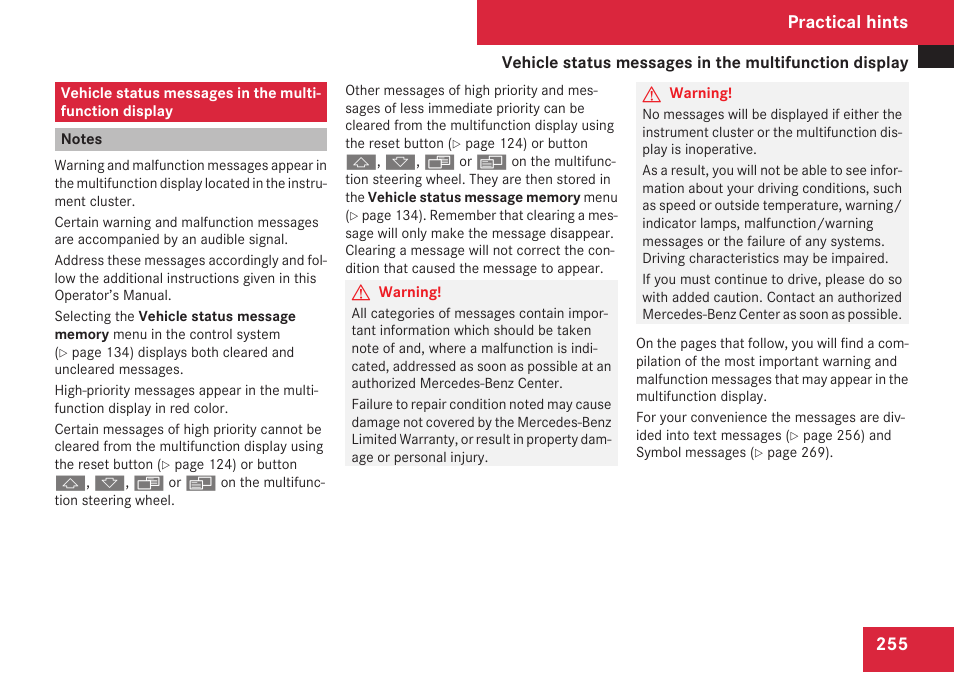 Notes, Practical hints | Mercedes-Benz SL-Class 2009 Owners Manual User Manual | Page 257 / 364