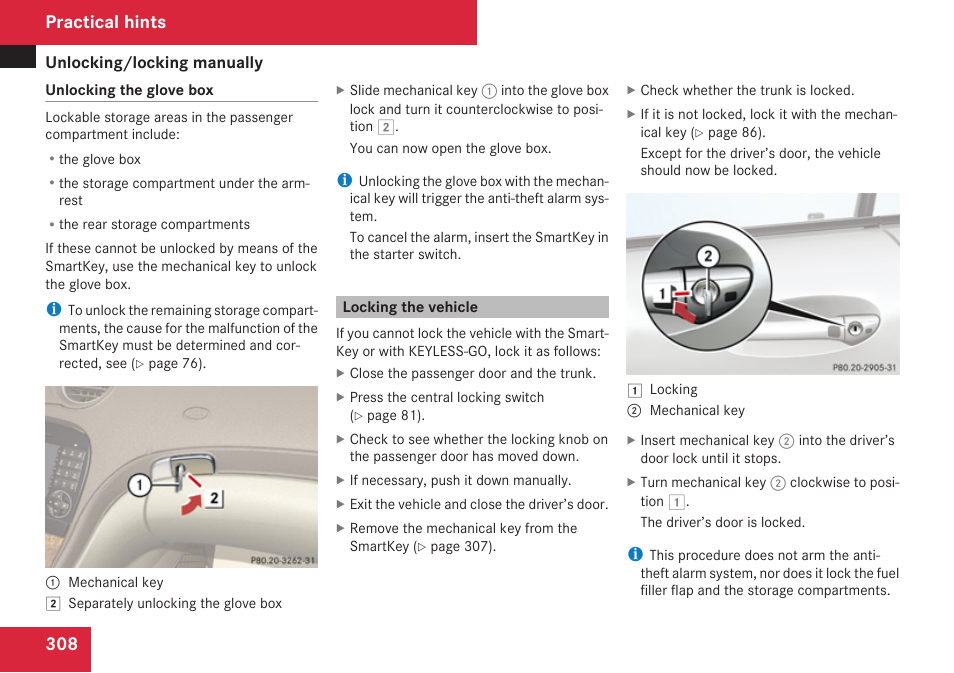Locking the vehicle, Practical hints | Mercedes-Benz SL-Class 2009 Owners Manual User Manual | Page 310 / 364