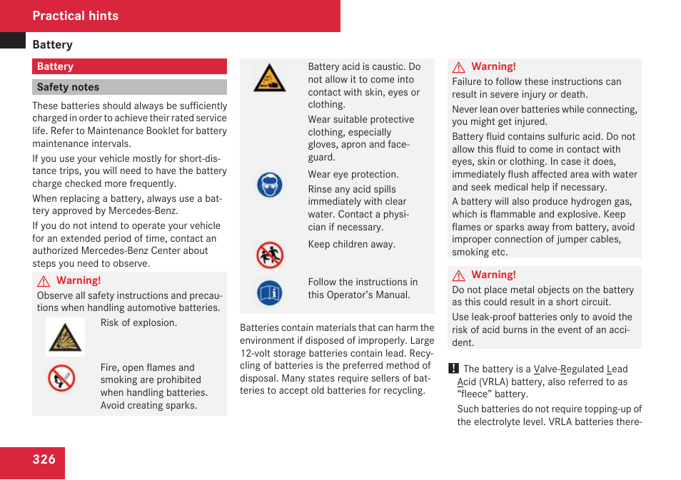 Battery, Safety notes | Mercedes-Benz SL-Class 2009 Owners Manual User Manual | Page 328 / 364