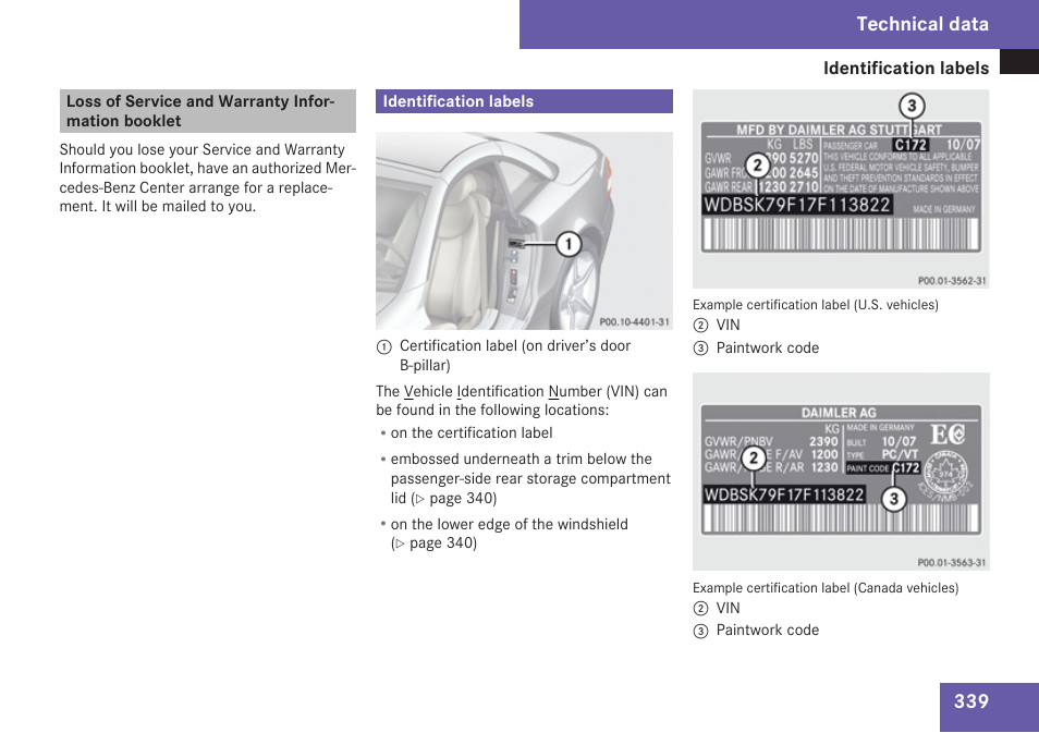 Loss of service and warranty information booklet, Identification labels, Technical data” section | Technical data | Mercedes-Benz SL-Class 2009 Owners Manual User Manual | Page 341 / 364
