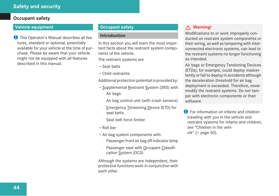 Safety and security, Vehicle equipment, Occupant safety | Introduction | Mercedes-Benz SL-Class 2009 Owners Manual User Manual | Page 46 / 364