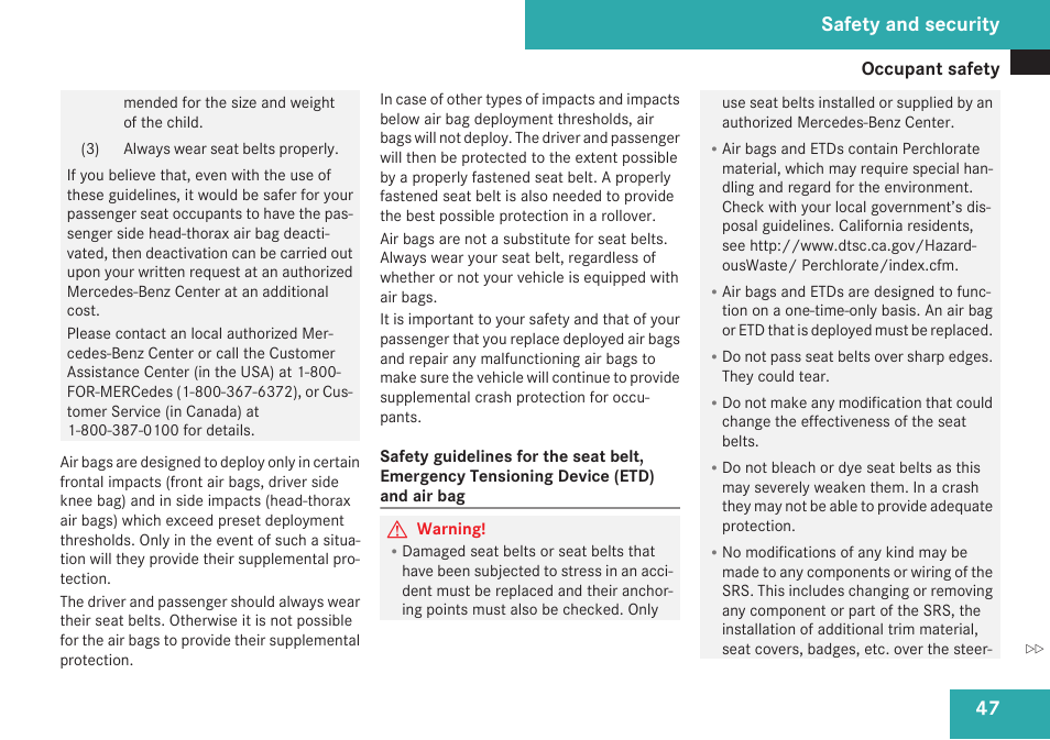 Safety and security | Mercedes-Benz SL-Class 2009 Owners Manual User Manual | Page 49 / 364