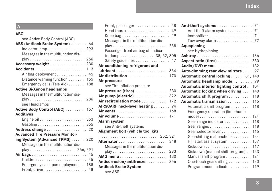 Index | Mercedes-Benz SL-Class 2009 Owners Manual User Manual | Page 5 / 364