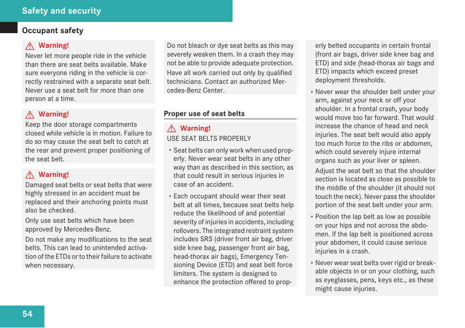 Safety and security | Mercedes-Benz SL-Class 2009 Owners Manual User Manual | Page 56 / 364