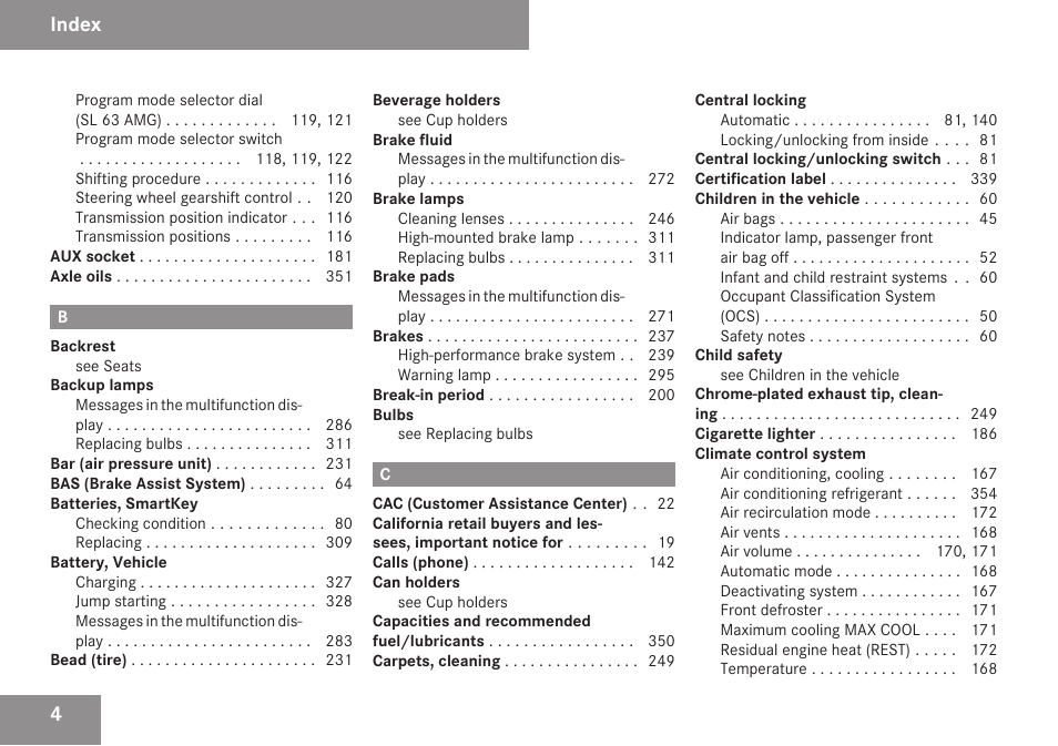 Index | Mercedes-Benz SL-Class 2009 Owners Manual User Manual | Page 6 / 364