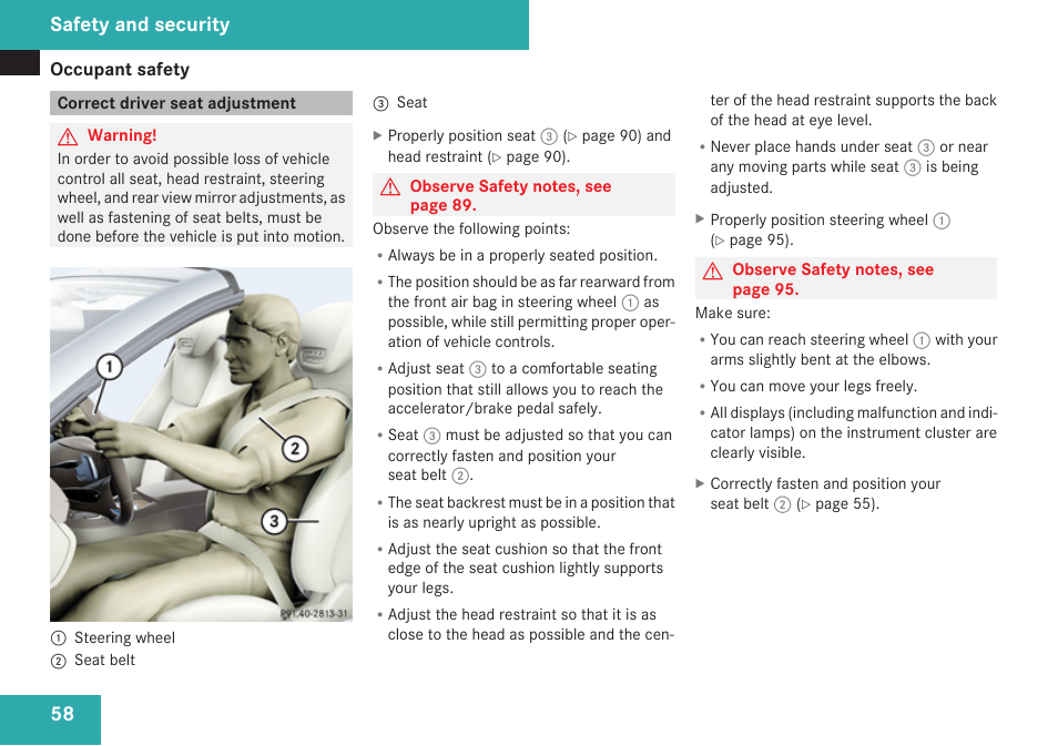 Correct driver seat adjustment, Safety and security | Mercedes-Benz SL-Class 2009 Owners Manual User Manual | Page 60 / 364