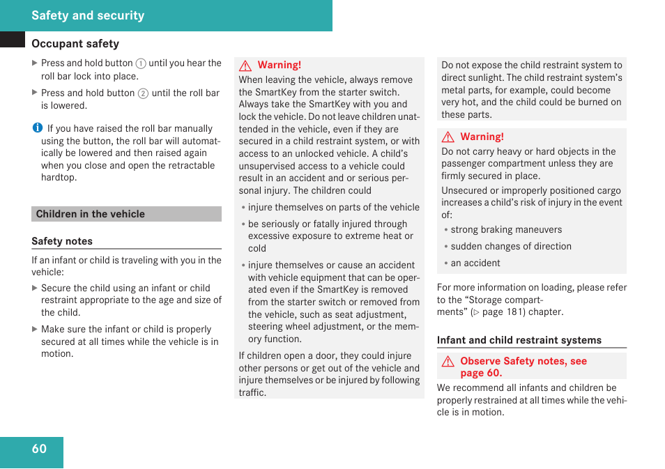 Children in the vehicle, Dren in the vehicle, Safety and security | Mercedes-Benz SL-Class 2009 Owners Manual User Manual | Page 62 / 364