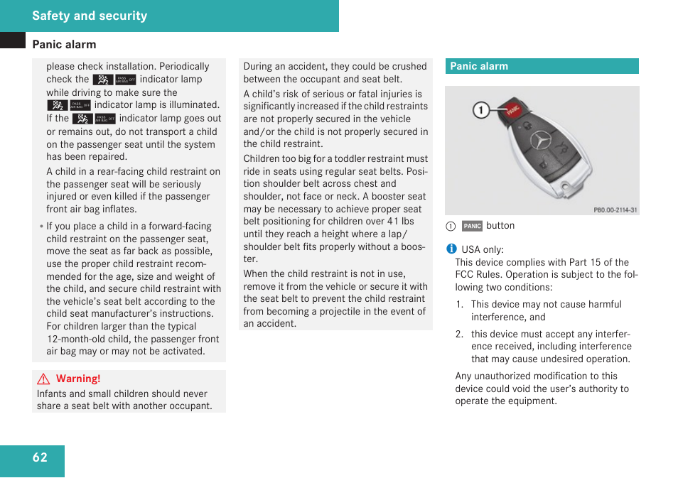 Panic alarm, Safety and security | Mercedes-Benz SL-Class 2009 Owners Manual User Manual | Page 64 / 364