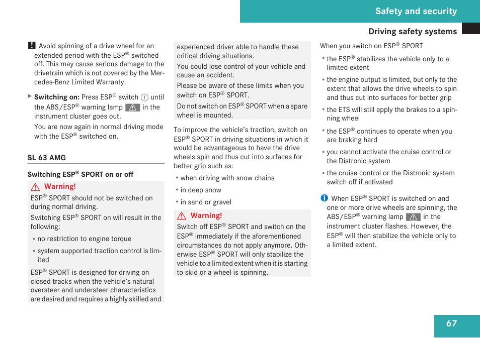 Safety and security | Mercedes-Benz SL-Class 2009 Owners Manual User Manual | Page 69 / 364