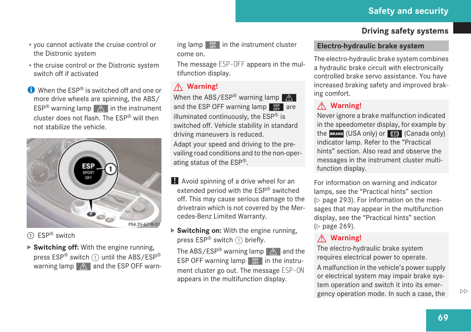 Electro-hydraulic brake system, Safety and security | Mercedes-Benz SL-Class 2009 Owners Manual User Manual | Page 71 / 364