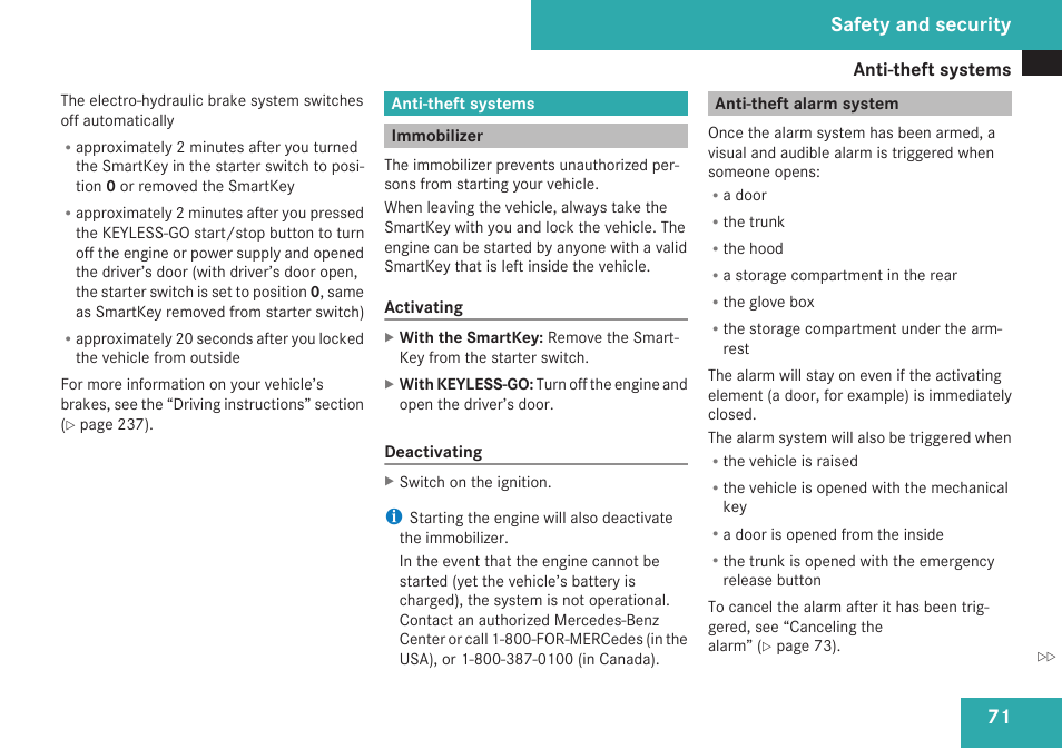 Anti-theft systems, Immobilizer, Anti-theft alarm system | Safety and security | Mercedes-Benz SL-Class 2009 Owners Manual User Manual | Page 73 / 364