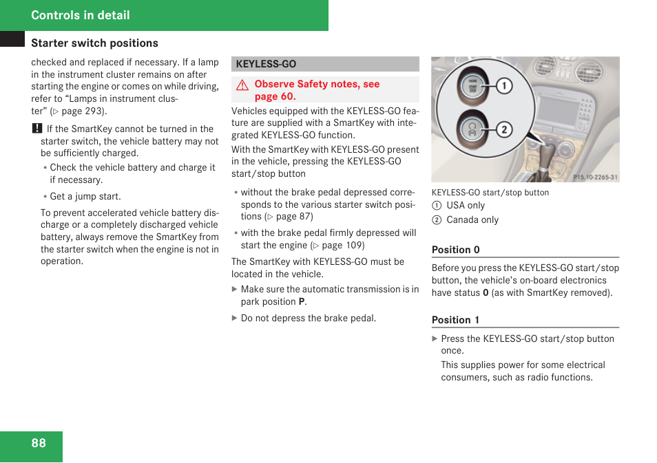 Keyless-go, Controls in detail | Mercedes-Benz SL-Class 2009 Owners Manual User Manual | Page 90 / 364