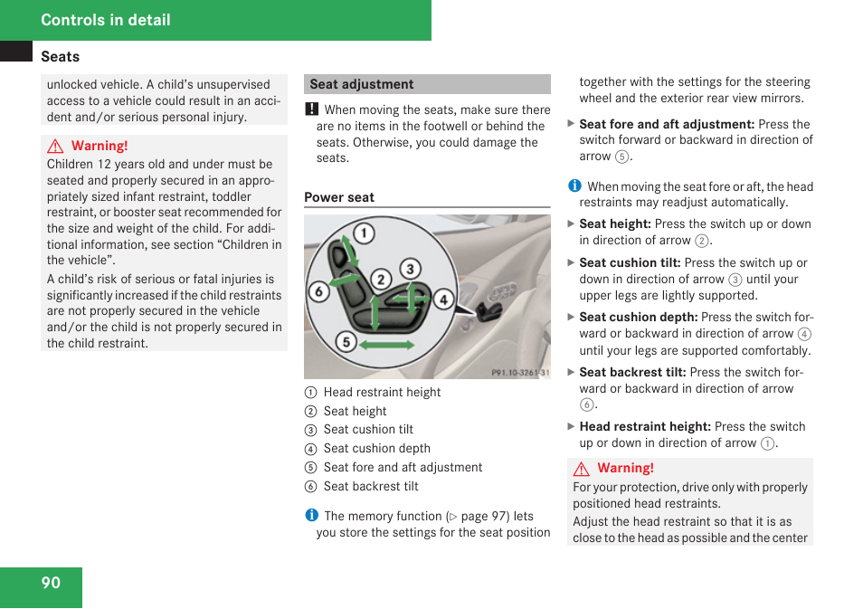 Seat adjustment, Head restraint, Controls in detail | Mercedes-Benz SL-Class 2009 Owners Manual User Manual | Page 92 / 364