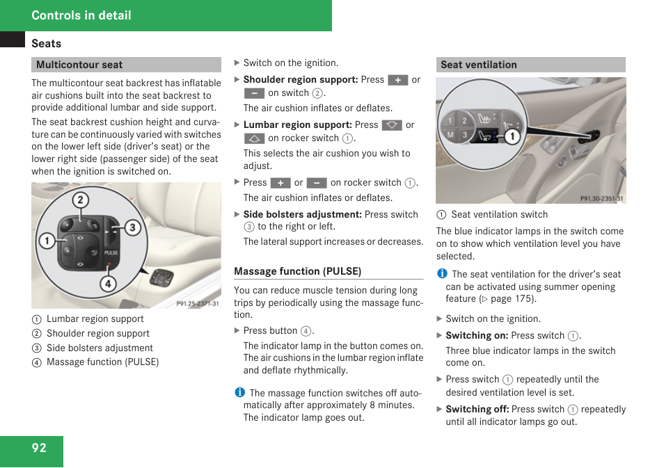 Multicontour seat, Seat ventilation, Controls in detail | Mercedes-Benz SL-Class 2009 Owners Manual User Manual | Page 94 / 364