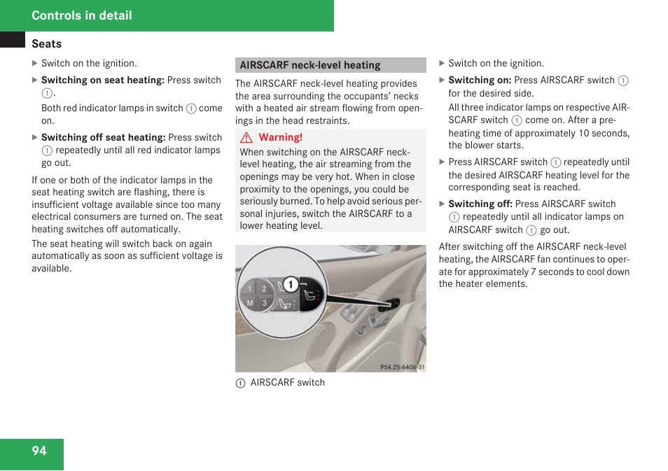 Airscarf neck-level heating, Controls in detail | Mercedes-Benz SL-Class 2009 Owners Manual User Manual | Page 96 / 364