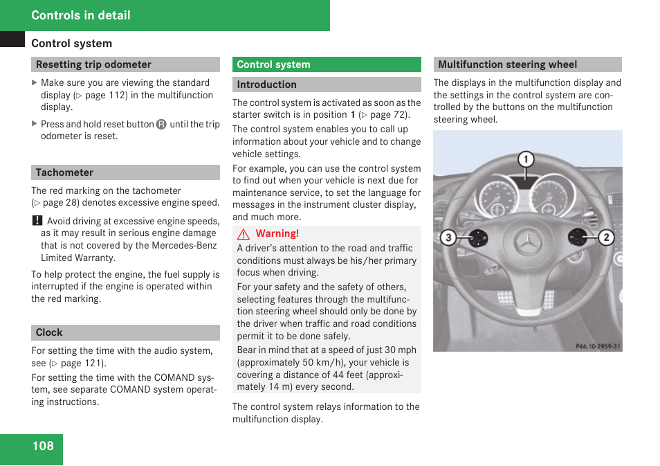 Resetting trip odometer, Tachometer, Clock | Control system, Introduction, Multifunction steering wheel, Tifunction steering wheel, Controls in detail | Mercedes-Benz SLK-Class 2009 Owners Manual User Manual | Page 110 / 364