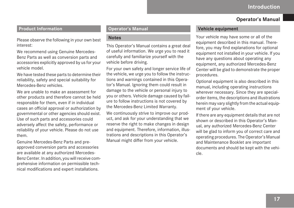 Introduction, Product information, Operator’s manual | Notes, Vehicle equipment | Mercedes-Benz SLK-Class 2009 Owners Manual User Manual | Page 19 / 364