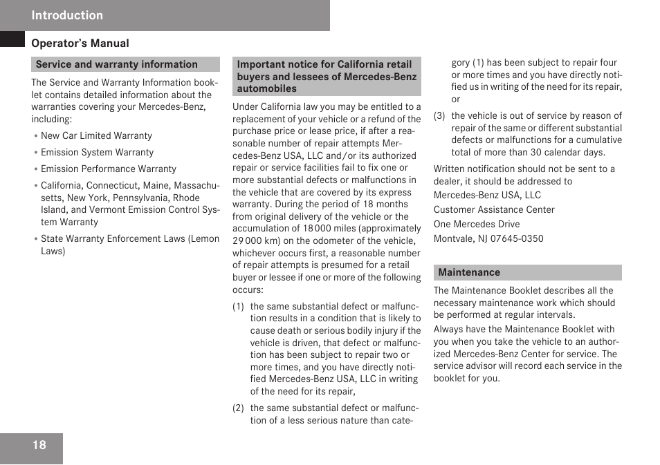 Service and warranty information, Maintenance, Introduction | Mercedes-Benz SLK-Class 2009 Owners Manual User Manual | Page 20 / 364