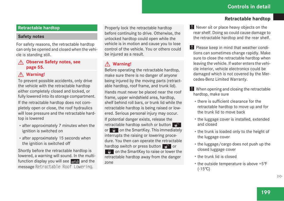 Retractable hardtop, Safety notes, Trunk can be closed | Controls in detail | Mercedes-Benz SLK-Class 2009 Owners Manual User Manual | Page 201 / 364