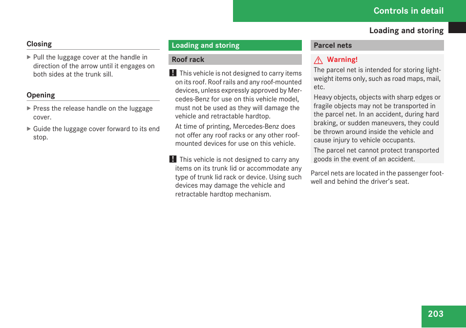 Loading and storing, Roof rack, Parcel nets | Controls in detail | Mercedes-Benz SLK-Class 2009 Owners Manual User Manual | Page 205 / 364