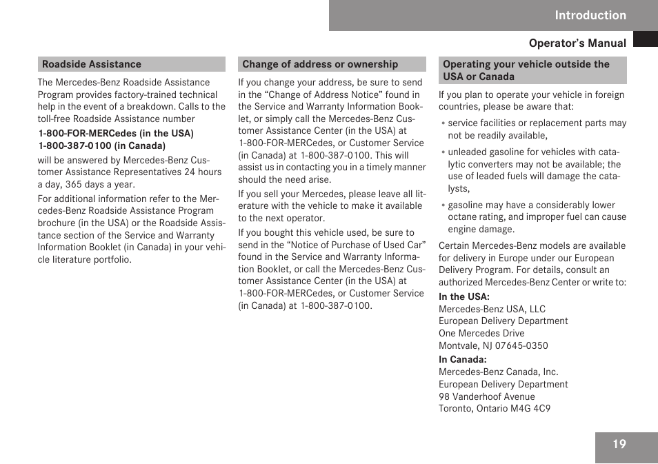 Roadside assistance, Change of address or ownership, Operating your vehicle outside the usa or canada | Introduction | Mercedes-Benz SLK-Class 2009 Owners Manual User Manual | Page 21 / 364