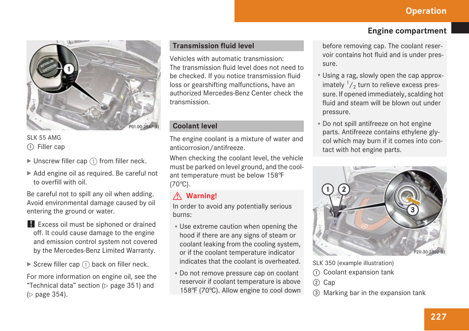 Transmission fluid level, Coolant level, Necessary | Operation | Mercedes-Benz SLK-Class 2009 Owners Manual User Manual | Page 229 / 364