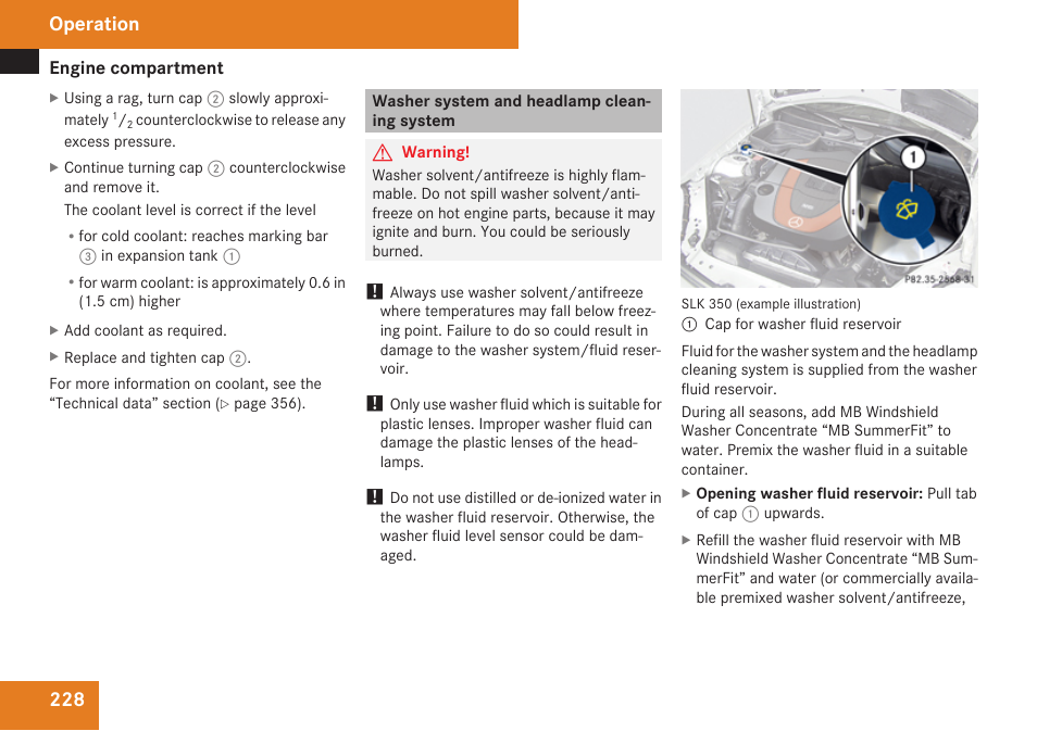 Washer system and headlamp cleaning system, Cleaning system, Operation | Mercedes-Benz SLK-Class 2009 Owners Manual User Manual | Page 230 / 364