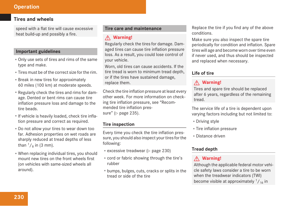 Important guidelines, Tire care and maintenance, Operation | Mercedes-Benz SLK-Class 2009 Owners Manual User Manual | Page 232 / 364