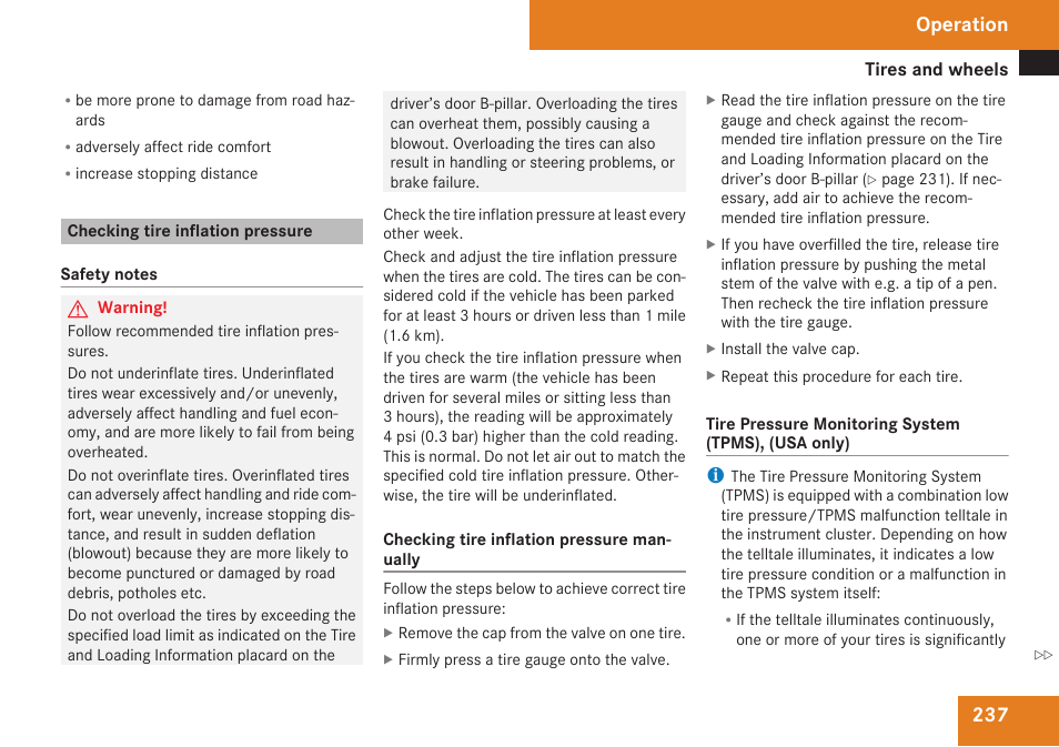 Checking tire inflation pressure, Tire inflation pressure, Operation | Mercedes-Benz SLK-Class 2009 Owners Manual User Manual | Page 239 / 364