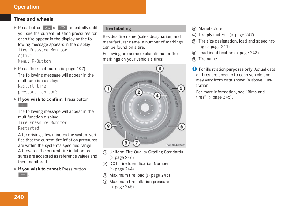 Tire labeling, Operation | Mercedes-Benz SLK-Class 2009 Owners Manual User Manual | Page 242 / 364