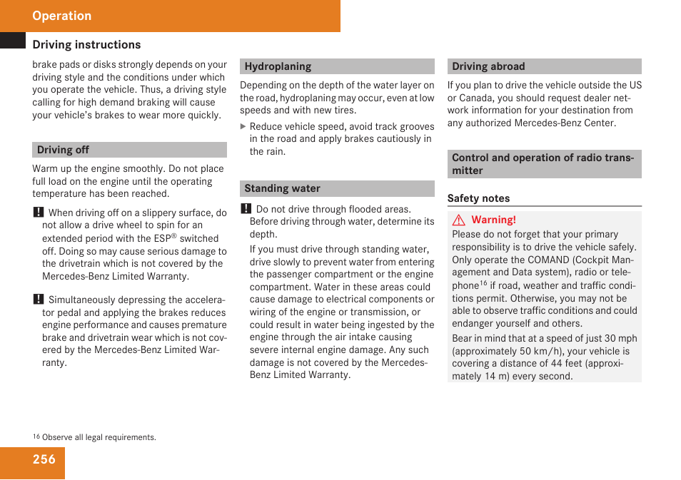 Driving off, Hydroplaning, Standing water | Driving abroad, Control and operation of radio transmitter, Operation | Mercedes-Benz SLK-Class 2009 Owners Manual User Manual | Page 258 / 364