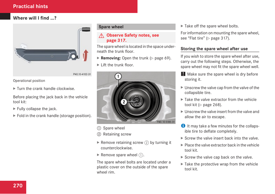 Spare wheel, Practical hints | Mercedes-Benz SLK-Class 2009 Owners Manual User Manual | Page 272 / 364