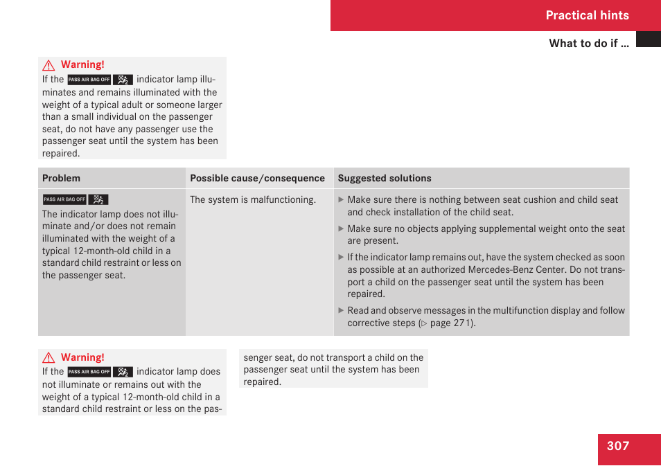 Practical hints | Mercedes-Benz SLK-Class 2009 Owners Manual User Manual | Page 309 / 364