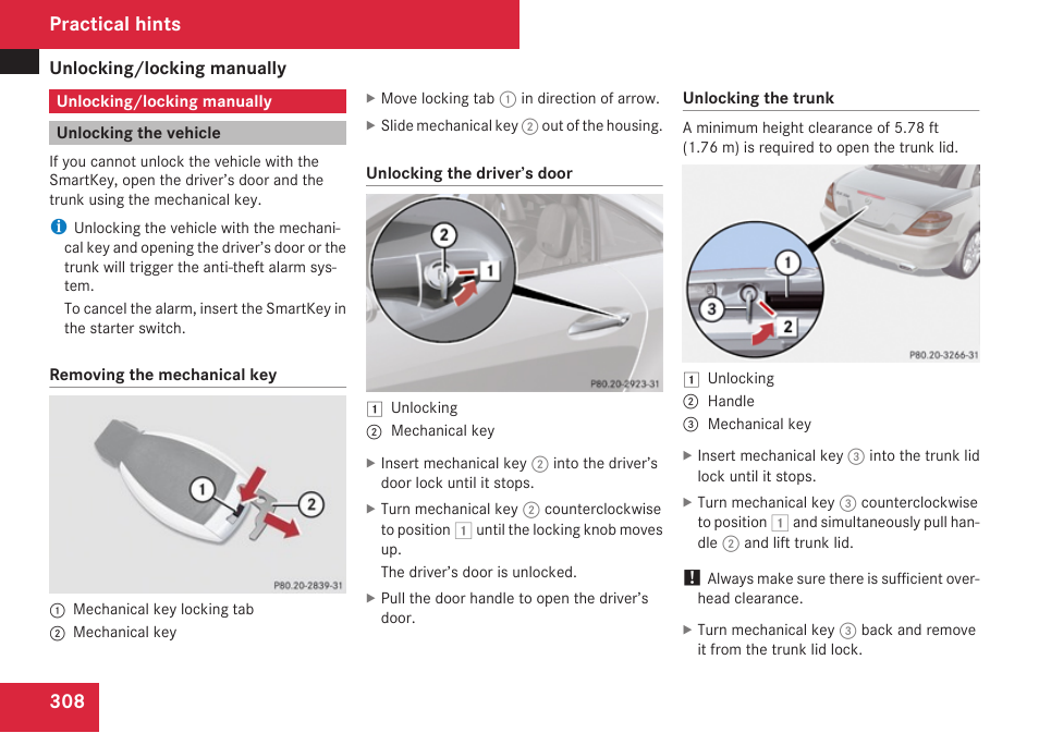 Unlocking/locking manually, Unlocking the vehicle, Smartkey | Practical hints | Mercedes-Benz SLK-Class 2009 Owners Manual User Manual | Page 310 / 364