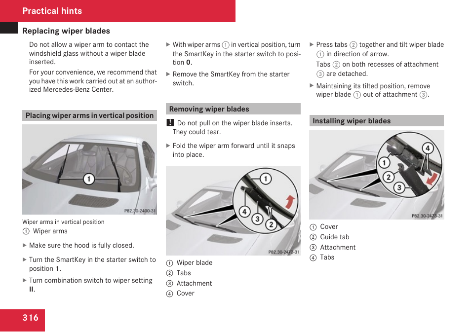 Placing wiper arms in vertical position, Removing wiper blades, Installing wiper blades | Practical hints | Mercedes-Benz SLK-Class 2009 Owners Manual User Manual | Page 318 / 364