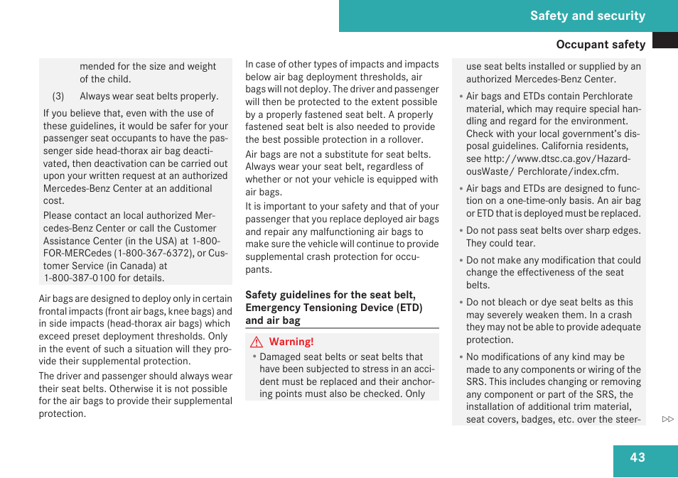 Safety and security | Mercedes-Benz SLK-Class 2009 Owners Manual User Manual | Page 45 / 364